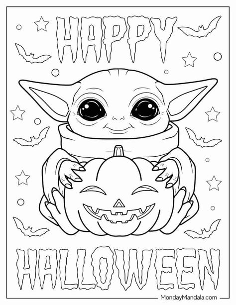 500 Halloween Coloring Pages (Free PDF Printables) Yoda Coloring Page Free Printable, Grogu Coloring Pages, Free Halloween Printables Coloring Pages, Free Halloween Coloring Pages Printables, Disney Halloween Drawings, Baby Yoda Coloring Page, Grogu Drawing, Halloween Pictures To Color, Printable Halloween Images