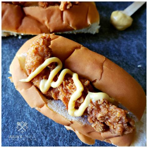 Upstate SC Bird Dog Recipe is a fried chicken tender sandwich on a hot dog bun topped any way you like it. Chicken Tender Sandwich, Chili Cheese Hot Dog, Hot Dog Chili Sauce, Hot Dog Bun, Breaded Chicken Tenders, Delicious Family Dinners, Chicken Tender, Bird Dog, Tailgate Food