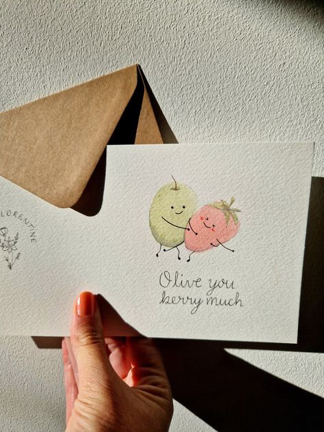 Olive You Berry Much - Valentines Day Card Romantic Anniversary Gift Foodie Strawberry Valentines Day Envelope Art, Card Ideas Anniversary, Watercolour Valentine Cards, Homemade Anniversary Cards, Punny Cards, Butterfly Birthday Cards, Romantic Anniversary Gifts, Watercolour Card, Watercolor Birthday Cards