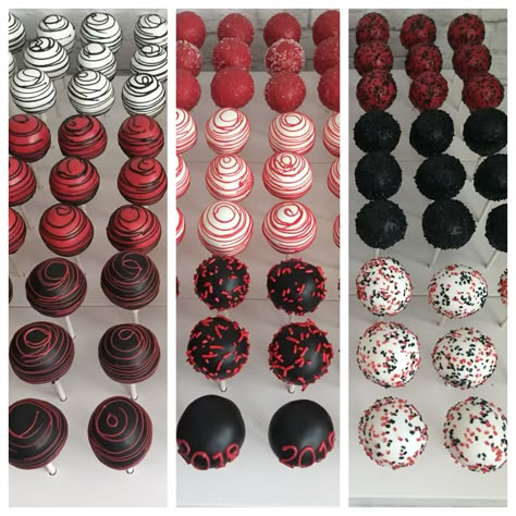 Red Black And White Chocolate Covered Pretzels, Black Wedding Desserts, Red Black And White Themed Party, Red Black White Birthday Party Ideas, Red White And Black Desserts, Red And White Cake Pops, Red Black And White Cupcakes, Black And Red Birthday Theme For Men, Red And Black Cake Pops