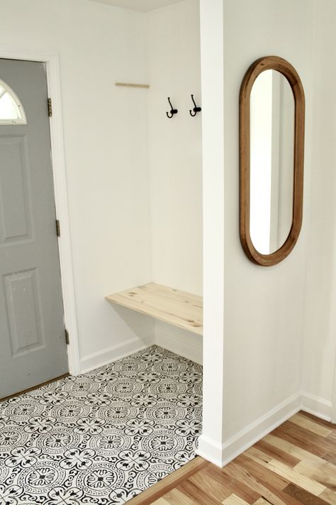 Pattern Tile Entryway, Entry Way Patterned Tile, Square Tile Entryway, Tile Doorway Entry, Tiled Foyer Entryway, Fun Entryway Tile, Bathroom With Encaustic Tile Floor, Foyer Tile Ideas Entryway, Foyer Tile Ideas