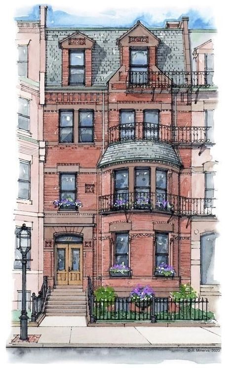 Boston Painting Ideas, Apartment Drawing Sketch, Boston Drawing, Boston Watercolor, Boston Painting, Boston Brownstone, Procreate Inspiration, Boston Architecture, Boston Street