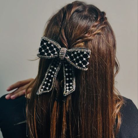 Styling a Black Outfit with a bling hair accessory is no brainer! ✨ Take an inspo from these looks and make it your own! 🫶🏼🖤 #iamdrama #hairdramaco #hairaccessories #hairbows #bowgate [ Styling, Hair Accessories, Hair Bows, Headbands, Shimmer, Black Outfit ] A Black Outfit, Bling Hair, Velvet Hair Bow, Black Velvet Bow, Bow Barrette, Styling Hair, Velvet Hair, Velvet Bow, Barrette Clip