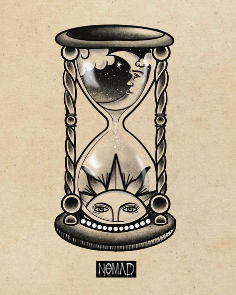 Traditional Tattoos Black Sleeve, Hourglass Tattoo Traditional Black, Traditional Style Hourglass Tattoo, Old School Clock Tattoo, New School Black Tattoo, Cracked Hourglass Tattoo, Black And Grey Moon Tattoo, Traditional Tattoo Design Black And Grey, Neo Traditional Hourglass Tattoo