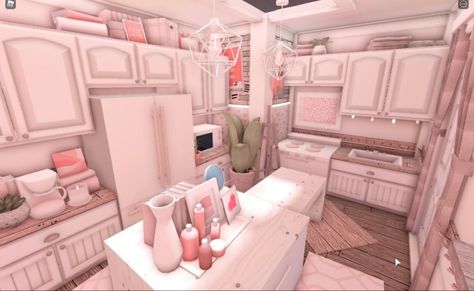 Bloxburg Blush Entrance, Blush Bloxburg Kitchen, Pink Bloxburg House, Bloxburg Decor, Bloxburg Aesthetic, Bloxburg Rooms, Preppy House, Blocksburg Room Ideas￼, Bloxburg Kitchen