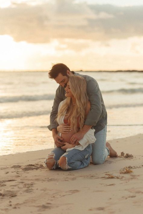 Beach Maternity Photos Couples In Water, Hair Ideas For Maternity Pictures, Beach Water Maternity Pictures, Maternity Photo Shoot On Beach, Maternity Photo Shoot Ideas Beach Sunset, Maternity Ocean Photoshoot, Maternity Beach Session, Boho Beach Maternity Photos, Maternity Photography Poses Couple Beach