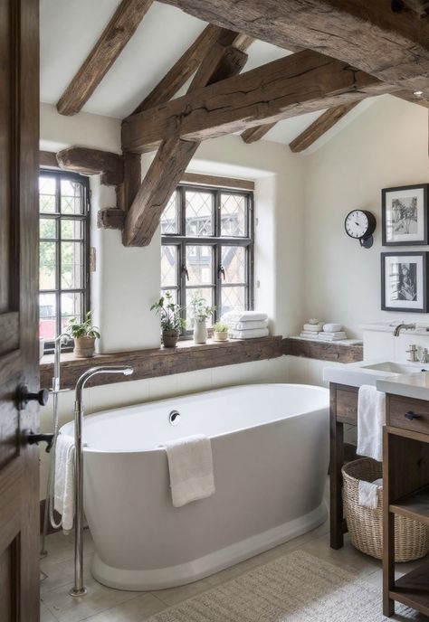 Vintage Modern Bathroom Tudor Beams, Moody Cottage, Vintage Modern Bathroom, Parisian Modern, Contemporary Victorian, Modern Bathroom Ideas, Modern Baroque, Wooden Vanity, Modern Vintage Decor