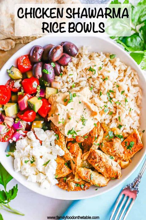 Chicken Shawarma Sides, Chicken Shawarma Rice, Shawarma Recipes, Shawarma Rice, Hummus Chicken, Use Leftover Chicken, Hummus Bowl, Chicken Rice Bowls, Food On The Table