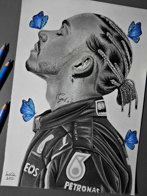 Hamilton Painting, Eminem Drawing, F1 Artwork, Floral Illustration Art, Hamilton Drawings, Celebrity Artwork, Hamilton Fanart, Petronas F1, F1 Art