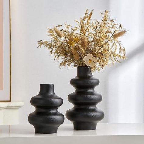 Black Ceramic Vase Set of 2, Modern Boho Vases for Home Decor Tv Cabinet Decor, Vase Table Decor, Boho Vases, Black Ceramic Vase, Boho Vase, Living Room Tv Cabinet, Home Decor Minimalist, Corporate Office Decor, Decorative Vases