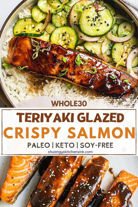 Crispy teriyaki glazed salmon coated in a sweet and sticky sauce Whole30 Teriyaki Sauce, Keto Teriyaki Salmon, Soy Free Salmon Recipe, Paleo Teriyaki Sauce, Dairy Free Sauce For Salmon, Paleo Recipes Fish, Whole 30 Salmon Recipes, Salmon Whole 30, Salmon Recipes Paleo