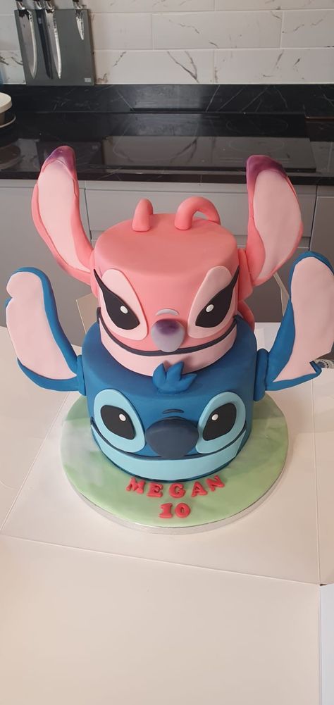 Stitch and Angel Cake 3d Stitch Cake, Angel From Lilo And Stitch Cake, Stitch Cake 2 Tier, Stitch And Angel Themed Birthday Party, Stitch Cake Girl, Stitch And Angel Cakes Ideas, Lilo And Angel Cake, Stitch Birthday Party Ideas Cake, Stich Birthday Cake Girl