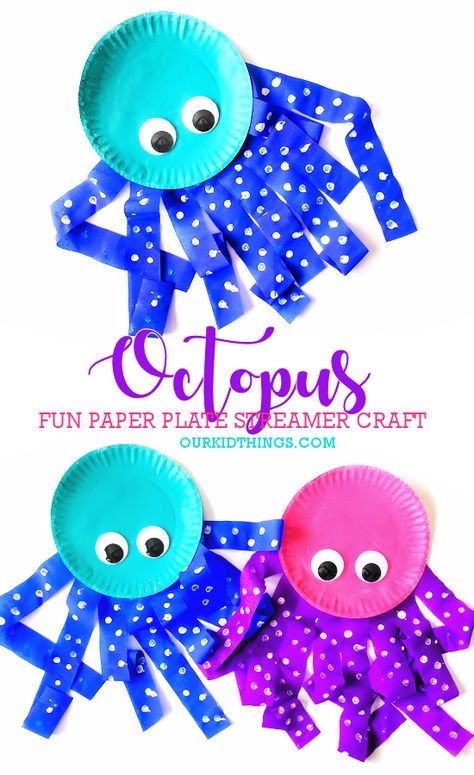 Paper Plate Octopus Streamer Craft Octopus Paper Plate Craft, Paper Plate Octopus, Octopus Crafts, Craft Summer, Cardboard Crafts Kids, Fingerprint Crafts, Paper Plate Crafts For Kids, Crepe Paper Streamers, Paper Streamers