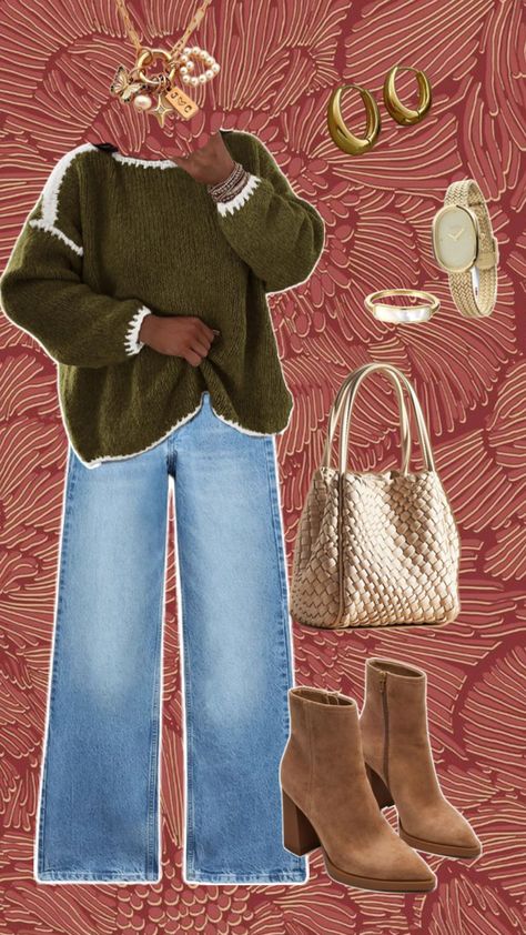 Outfit idea - outfit inspiration - outfit - winter outfit - fall outfit - thanksgiving outfit - Christmas outfit - holiday outfit - holiday party outfit - jeans - flare jeans - bootcut jeans - boots - calf boots - ankle boots - suede boots - brown boots - tan boots - sweater - green sweater - oversized sweater - sweater outfit - woven purse - white purse - gold jewelry - gold rings - charm necklace - fall - winter - cold - cozy outfit - friendsgiving outfit - friendsgiving Tan Purse Outfit, Holiday Party Outfit Jeans, Friendsgiving Outfit Ideas, Friendsgiving Outfit, Thrift Aesthetic, Purse Outfit, Shoes And Outfits, Woven Purse, Tan Purse