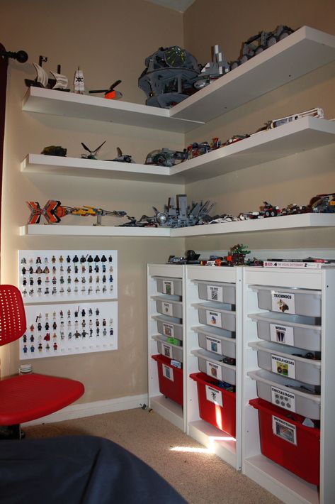 How should I organize my kids toys? Lego Shelves, Lego Display Ideas, Lego Storage Organization, Lego Bedroom, Lego Organization, Wall Style, Lego Wall, Lego Display, Ikea Shelves