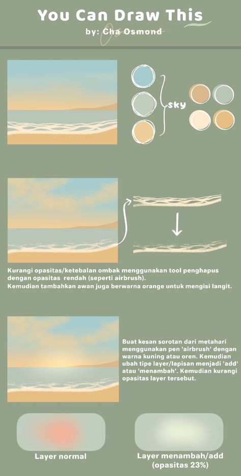 Digital art | Art tips | Beach | Tutorial by cha osmond | Landscape & Scenery Beach Art Tutorial, Beach Tutorial Digital, Beach Digital Painting, How To Paint Beach Scene, Beach Art Reference, Draw Beach Scene, Lake Drawings Sketches, How To Draw A Beach Scene, Beach Drawing Reference