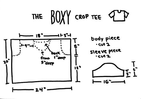 Diy Cropped Tshirt, Crop Top Pattern Sewing, Boxy Tee Pattern, Diy Top Pattern, Boxy Top Pattern, Top Pattern Sewing, Crop Top Sewing Pattern, T Shirt Sewing Pattern, Loose Crop Top