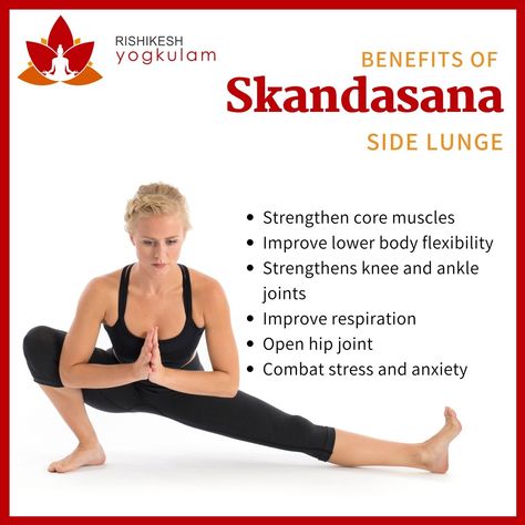 ✔️ Skandasana is a great stretch for your adductors and hamstrings, and it helps to prepare your hips for poses like Goddess, Frog and Garland. It also improves your balance and strengthens your core. Teachers love to incorporate this pose into a vinyasa sequence because it facilitates a dynamic flow. ✔️ Like most hip-openers, skandasana activates the second chakra, Svadisthana, which is the source of pleasure and creativity. ✔️ Rejuvenate your body this weekend with skandasana. Skandasana Pose, Yoga Vinyasa Flow Sequence Asana, Visvamitrasana Yoga Poses, Yoga With Kassandra, Strengthen Core Muscles, Yoga Core, Cobra Pose Yoga Benefits, Strength Yoga, Aparigraha Yoga Sequence