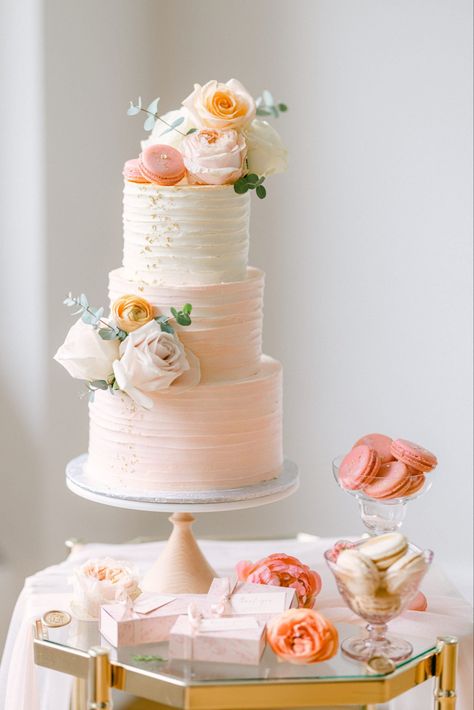 “Expressing my love for design and planning, this shoot combines one of my favourite colour palettes of blush, peach and accents of gold for this Spring season!” Peach Wedding Cake Simple, White And Peach Wedding Cake, Wedding Cake Peach Color, Wedding Cake Peach Flowers, Peach Wedding Cakes, Light Pink Wedding Cake, Trendy Wedding Cake, Peach Wedding Cake, Peach Wedding Dress