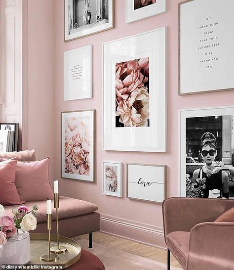 Pink Gallery Wall, Pink Living Room, Salon Interior Design, A Living Room, Pink Walls, Home Office Decor, Home Deco, Room Inspiration, Apartment Decor