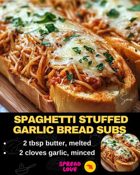 Spaghetti Stuffed Garlic Bread Subs Spaghetti Stuffed Garlic Bread, Stuffed Garlic Bread, Baked Meatloaf, Mexican Casserole Recipe, Meat Lovers Pizza, Chicken Pasta Bake, Pizza Casserole, Parmesan Pasta, Garlic Parmesan Chicken