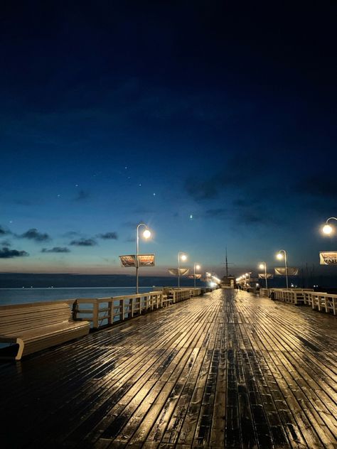 Pier Aesthetics, Sailor Aesthetic, Night Photography Portrait, Sopot Poland, Seaside Florida, Night Portrait, Beach At Night, Sopot, Coastal Cities