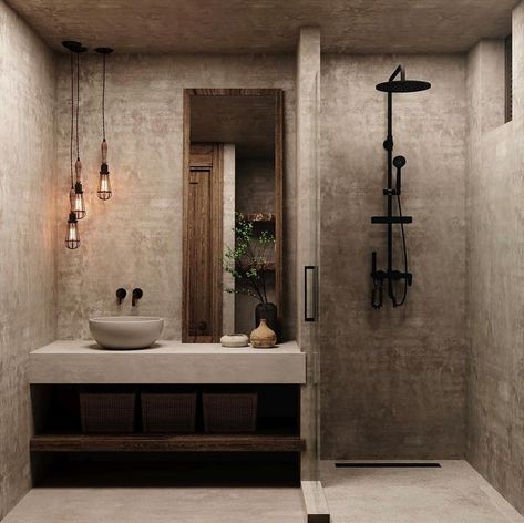 Wabi Sabi Shower Room, Small Bathroom Design Rustic, Rustic Hotel Room, Wabi Sabi Interior Bathroom, Waterfall Shower Bathroom, Wabisabi Bathroom, Mountain Bedroom Ideas, Tulum Bathroom, Mountain Modern Bathroom