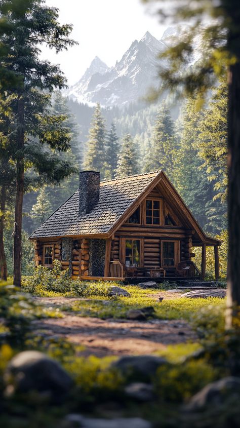 "Cozy cabin nestled among lush woods overlooking mountains" Cozy Forest Aesthetic, Log Cabin In The Woods Aesthetic, One Story Cabin, Cabin In The Woods Aesthetic, Mountain Cabin Photography, Boho Sunroom Ideas, Log Cabin In Forest, Wood Cabin In Forest, Log Cabin Photography