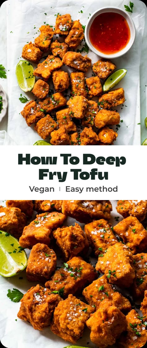 This deep-fried tofu is made by coating tofu chunks in a savory batter, and then double-frying them until golden perfection. It's crispy on the outside and chewy and tender on the outside. And if deep frying isn't your jam, I've got three extra cooking methods. Deep Fried Tofu Crispy, Deep Fried Tofu Recipes, Fried Tofu Crispy, Battered Tofu, Tofu Chocolate Mousse, Healthy Tofu Recipes, Tofu Kebab, Vegan Basics, Tofu Crispy