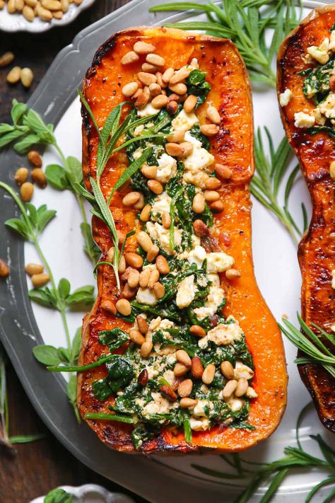 Spinach Squash Recipes, Stuffed Butternut Squash With Feta, Stuffed Squash Vegan, Stuffed Butternut Pumpkin, Roasted Stuffed Butternut Squash, Stuffed Roasted Butternut Squash, November Seasonal Produce, Stuffed Veggies Recipes, Vegetarian Stuffed Squash