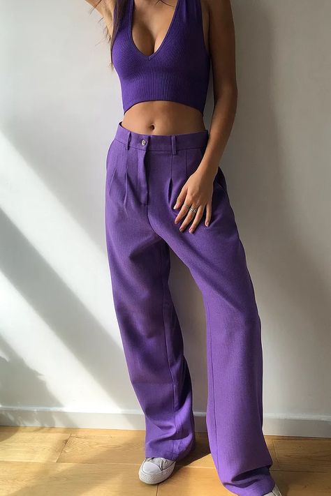 Puddle Trousers, Purple Pants Outfit, Mode Purple, 00s Mode, Trousers Outfit, Extra Outfits, Purple Outfit, Purple Fits, Purple Jeans