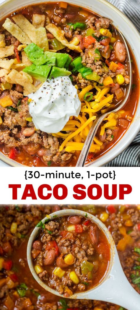 How to make Taco Soup! This is the easiest taco soup recipe - it comes together in one pot and is pure comfort food. #tacosoup #tacosouprecipe #mexicanrecipes #comfortfood #dinner #30minutemeals #30minmeal Easy Taco Soup Recipe, Taco Soup Recipe Easy, Easy Taco Soup, 30 Min Meals, How To Make Taco, Taco Soup Recipe, Diner Recept, Easy Taco, Fall Dinner Recipes