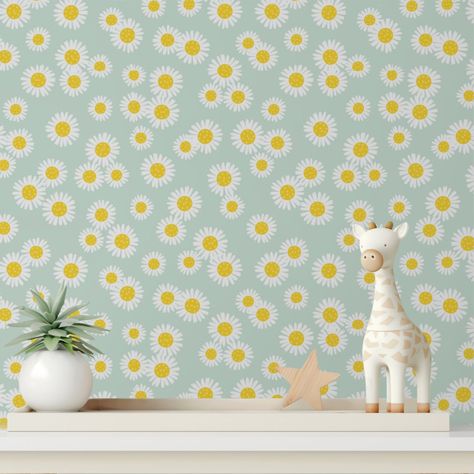 Cute Modern White Daisy Flowers Floral Pattern Wallpaper Pastel Green Background, Now Wallpaper, Floral Pattern Wallpaper, Nursery Inspo, Wallpaper Modern, Daisy Flowers, White Daisy, Stunning Wallpapers, Trendy Collection