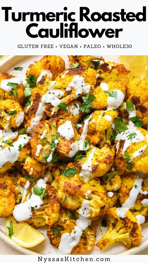 Cauliflower Recipes Clean Eating, Whole30 Cauliflower Recipes, Roasted Spiced Cauliflower, Cauliflower Tumeric Recipes, Vegetarian Dinner Cauliflower, Califlower Recipes Mediterranean, Curried Cauliflower Roasted, Turmeric Roasted Cauliflower, Cauliflower Side Dish Recipes Healthy