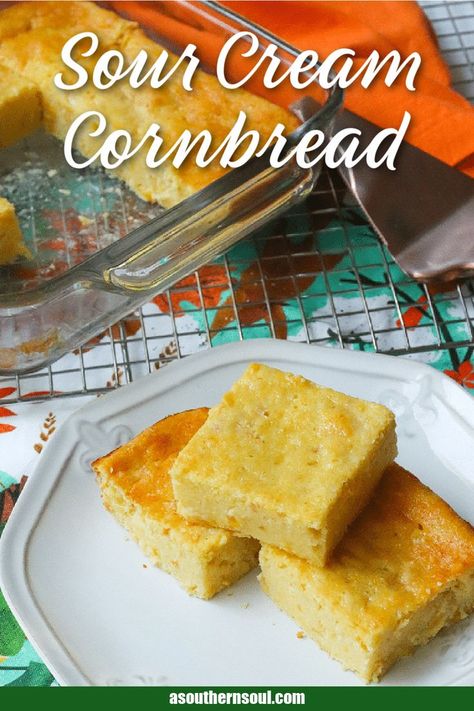 Sweet cornbread with creamed corn and sour cream is so easy to make! This moist cornbread starts out with a boxed mix then taken to a whole new level with just a few simple ingredients. It’s perfect served alongside soups, chilis, and stews or any dish you’re serving this fall. Cream Cornbread, Sour Cream Cornbread, Creamed Corn Cornbread, Best Cornbread Recipe, A Southern Soul, Moist Cornbread, Cut Recipe, Jiffy Corn Muffin Mix, Corn Muffin Mix