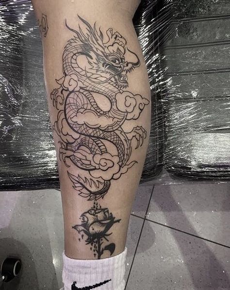 Dragon Tattoo Calf, Dragon Leg Tattoo, Dragon Tattoo Forearm, Dragon Tattoo Leg, Sg Tattoo, Calf Tattoos For Women, Back Of Leg Tattoos, Best Leg Tattoos, Lower Leg Tattoos