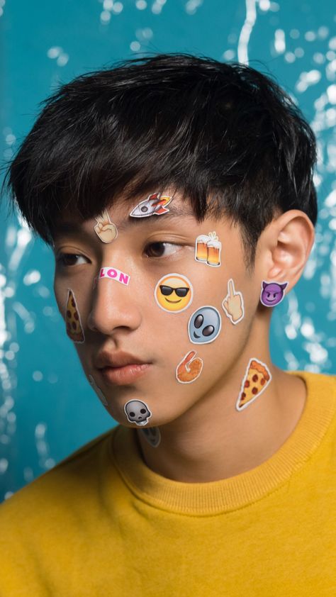 For NYLON INDONESIA Stickers On Face Photography, Sticker Face Aesthetic, Face Stickers Aesthetic, Stickers Photoshoot, Stickers On Face, Acne Patch, Home Photo Shoots, Boys Sticker, Cool Face