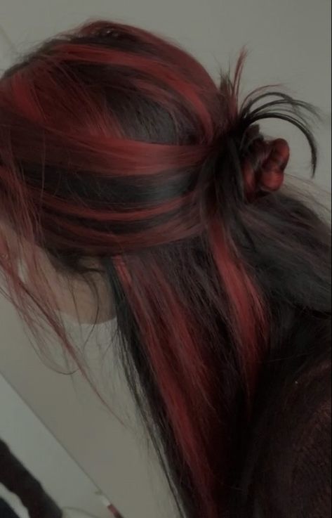 Long Dyed Hair Aesthetic, Scarletcore Aesthetic, Red Highlights In Brown Hair Wavy, Curls Dyed Hair, Black Hair With Colored Extensions, Dark Red Skunk Stripe Hair, Black With Red Underneath Hair, Red Hair Grunge Aesthetic, Hair With Colored Highlights