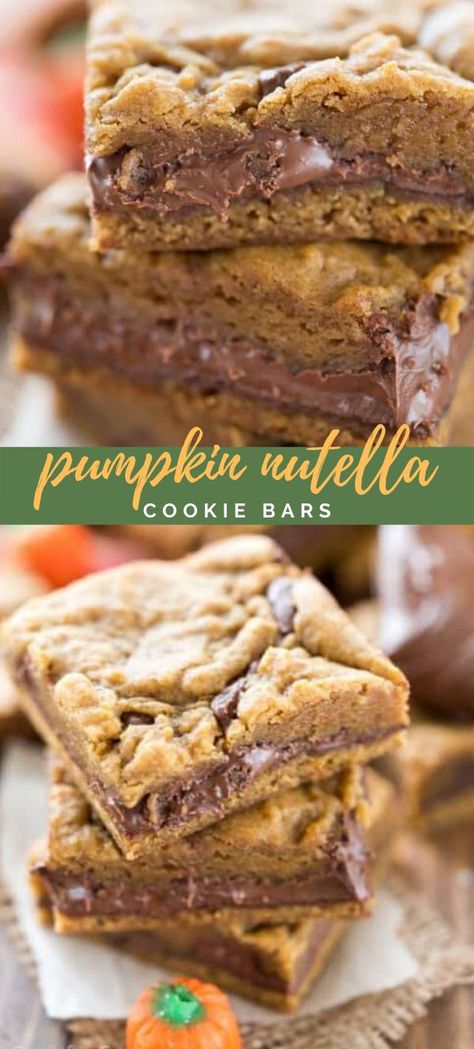 These Pumpkin Nutella Cookie Bars will knock your socks off! They're full of rich pumpkin flavor and filled with gooey Nutella! Pumpkin Cookie Bars, Nutella Bar, Nutella Cookie, Stuffed Pumpkin, Crazy For Crust, Pumpkin Cookie Recipe, Nutella Desserts, Pumpkin Cookie, Gooey Cookies