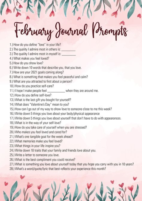 How To Start Journal, February Writing Prompts, February Writing, Mental Health Plan, Bullet Journal Prompts, February Bullet Journal, What Love Means, Journal Topics, Fun Questions To Ask