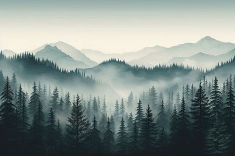 Misty landscape with fir forest mist outdoors woodland | premium image by rawpixel.com / Miiruuku Forest With Mountains, Forest Mist, Misty Landscape, Pine Tree Silhouette, Forest Drawing, Twilight Sky, Forest Background, Misty Forest, Tree Silhouette