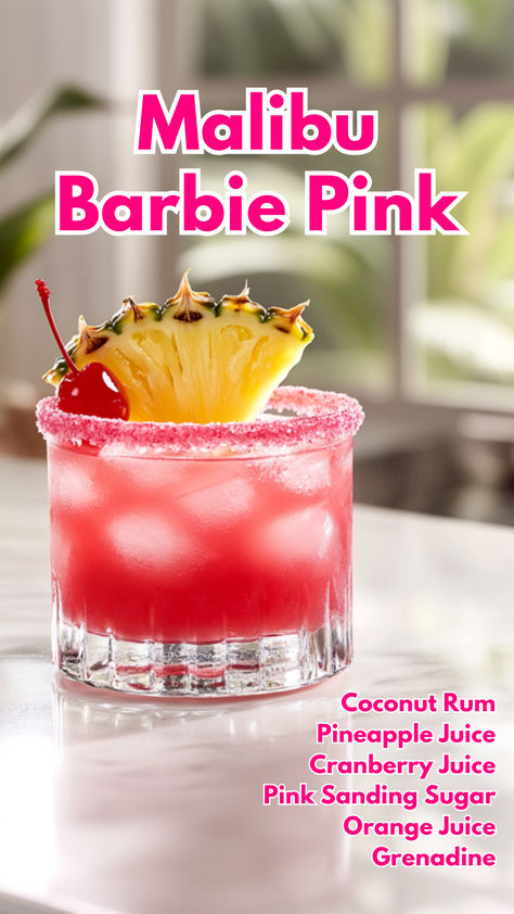 Malibu Barbie Pink Pink Brunch Drinks, Pink Jungle Juice Recipe, Pink Malibu Rum Drinks, Malibu Pineapple Cocktails, Pink Starburst Cocktail, Drinks With Sweet And Sour Mix Cocktails, Malibu Barbie Drink, Malibu Cocktails Recipes, Malibu Rum Drinks Recipes Easy