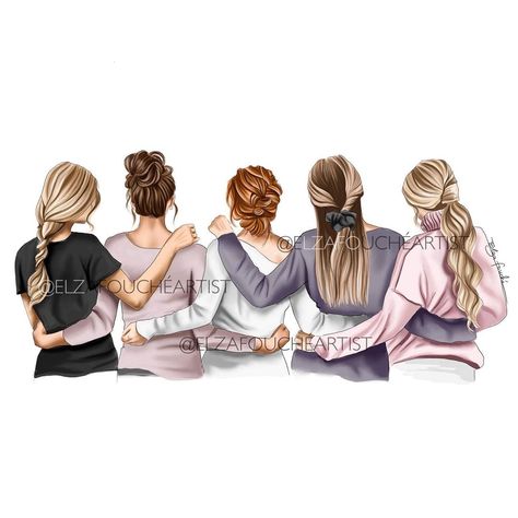 ELZA FOUCHÉ ARTIST ©️ on Instagram: “Tag your gals! Does this hair combination look like any friend groups you know? This will be added to the Etsy shop when I get back from…” حفل توديع العزوبية, Friend Canvas, Photos Bff, 5 Friends, Best Friend Drawings, Friends Illustration, Friend Cartoon, Whatsapp Wallpaper, Drawings Of Friends