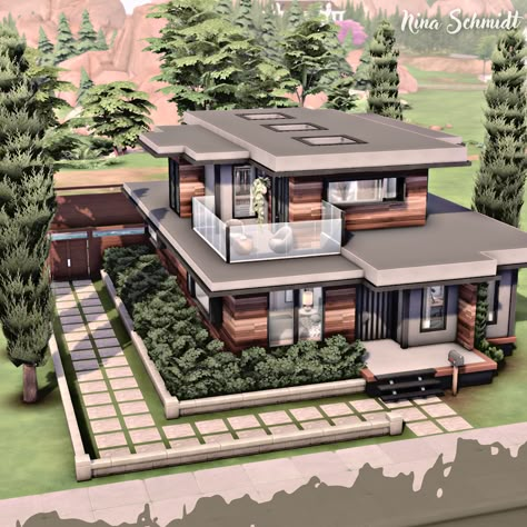 Speed Build & Download on YouTube Hillside Modern House, Modern Home Sims 4, Sims 4 Homes, Sims 4 Modern House, Sims 4 Building Ideas, Small House Blueprints, Sims 4 Speed Build, Sims 4 House Building, Sims 4 House Plans