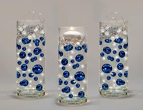 500 'Floating' Royal Blue (Navy) Pearls - No Hole Jumbo/Assorted Sizes Vase Decorations Includes Transparent Water Gels for Floating The Pearls Cobalt Blue Wedding Decorations, Floating Pearl Centerpiece Wedding, Sapphire Theme Party, Royal Blue Centerpieces Birthday, Royal Blue And Black Wedding Decorations, Denim And Diamonds Centerpieces, Blue And Silver Centerpieces, Royal Blue And Silver Party Decorations, Navy Blue Table Decor