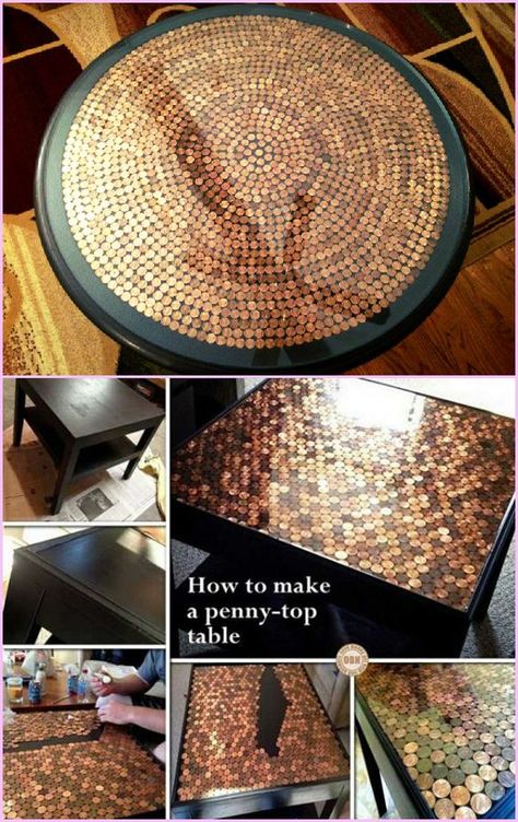 20 DIY Hacks to Decorate Home and Garden with Pennies -DIY Penny Top Table Penny Table Top, Penny Table Tops, Penny Table, Homemade Tables, Diy End Tables, Diy Sofa Table, Diy Patio Furniture Cheap, Wooden Pallet Projects, Diy Epoxy