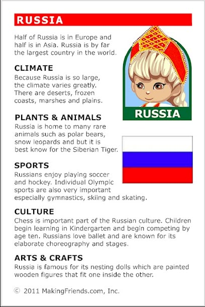 MakingFriends Facts about Russia Printable Thinking Day fact card for our passports. Perfect if you chose Russia for your Girl Scout Thinking Day or International Night celebration. Facts About Countries, Russia Culture, Around The World Theme, Geography For Kids, Country Studies, Homeschool Geography, Country Facts, World Thinking Day, Sweetheart Top