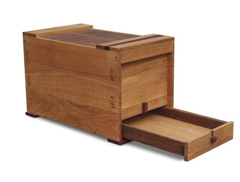 Felix Krudewig designed this Japanese-style toolbox as part of an apprenticeship program. “I am very fascinated with Japanese woodworking and I love their interior designs,” he said. The toolbox has a drawer and two boxes inside, and the lid incorporates a special lock system. OAK, PURPLEHEART, AND WALNUT, 14D X 24W X 15-3⁄4H @shiawasefurniture, Aachen, Germany  From FWW 279 Tool Box Plans, Diy Easel, Mens Room Decor, Aachen Germany, Tool Chests, Tool Holders, Japanese Tools, Woodwork Diy, Luxury Living Room Decor