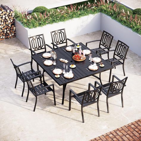 Sophia & William 9 Piece Outdoor Table and Chairs Patio Dining Set Metal Patio Table Furniture Set with Large Sqaure Dining Table for 8 Person and Stackable Outdoor Chairs Support 300LBS (Balck) Large Square Dining Table, Metal Patio Table, Dining Table For 8, Outdoor Table And Chairs, Metal Patio Furniture, Stackable Dining Chairs, Outdoor Tables And Chairs, Grande Table, Metal Dining Table