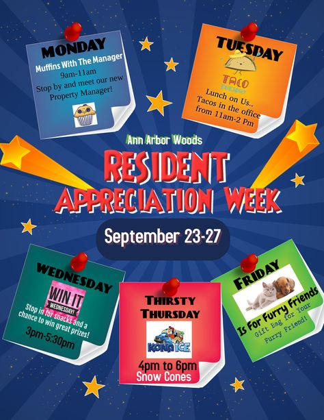 Mark Your Calendars...Resident Appreciation Week is September 23rd-27th!  More Details to come on the events for each day.  We hope to see you there! Resident Appreciation Week Ideas, Resident Events Apartments, Resident Halloween Events, Resident Activity Ideas Apartment, September Resident Event Ideas, September Resident Events, Apartment Resident Events, Assisted Living Week Ideas, Resident Appreciation Ideas Apartments